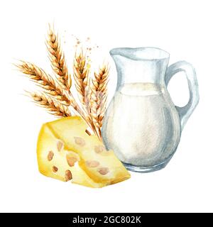Shavuot-Karte. Weizen, Milch, Käse. Symbol des jüdischen Feiertages Shavuot. Aquarell handgezeichnete Illustration isoliert auf weißem Hintergrund Stockfoto