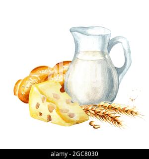Shavuot-Karte. Weizen, Milch, Käse. Symbol des jüdischen Feiertages Shavuot. Aquarell handgezeichnete Illustration, isoliert auf weißem Hintergrund Stockfoto
