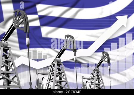 Konzept der griechischen Ölindustrie, industrielle Illustration - steigende Grafik im Hintergrund der griechischen Flagge. 3D-Illustration Stockfoto