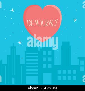 Demokratie Herz über Stadtgebäuden Hintergrund Stock Vektor