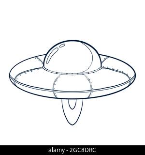 Line Art Raumschiff Illustration. Handgezeichnetes Raumschiff-Symbol. UFO Skizzenvorlage für Logo, Emblem, Webdesign, Print, Sticker, Karte Stock Vektor