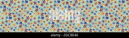 Tropisch ditsy kritzelte Doodle Blume Vektor nahtlose Grenze Hintergrund. Dense millefleur Stil handgezeichnete Blumen neon orange blau Indigo Banner Stock Vektor