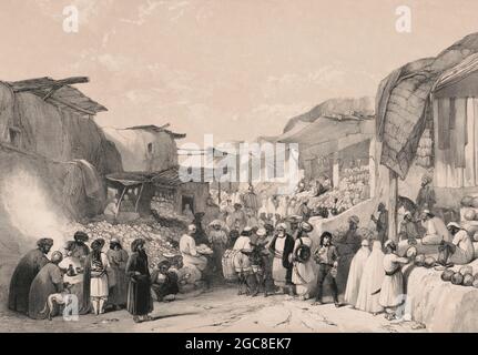 Afghanen auf einem Markt, der Obst kauft und verkauft, Hauptstraße im Basar in Kabul, Afghanistan, erster Anglo-afghanischer Krieg, Skizze von James Atkinson, 1840, digital optimiert Stockfoto
