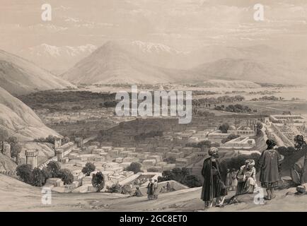 Afghanische Männer stehen auf einem Hügel über der Stadt Kabul, Afghanistan, erster Anglo-Afghan-Krieg, Skizze von James Atkinson, 1839, digital optimiert Stockfoto