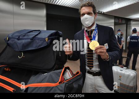 Der belgische Eishockeytorwart Vincent Vanash, abgebildet während der Rückkehr mehrerer belgischer Athleten nach den Olympischen Spielen 2020 in Tokio, Japan, Stockfoto
