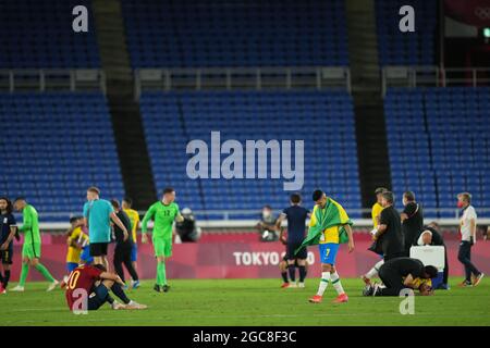 7. August 2021; Internationales Stadion Yokohama, Yokohama, Präfektur Kanagawa, Japan; Olympische Sommerspiele 2020 in Tokio, Fußballfinale, Brasilien, gegen Spanien; Stockfoto