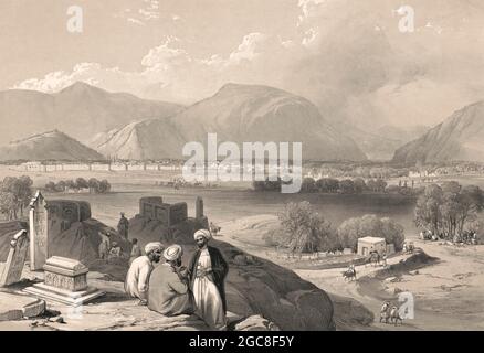 Afghanische Männer auf dem Friedhof von Kaga-Suffa mit Blick auf die Stadt Kabul, Afghanistan, erster Anglo-Afghan-Krieg, Skizze von James Atkinson, 1839, digital optimiert Stockfoto