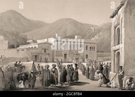 Padshah Sultan Shah Shuja Durrani auf einem Balkon sitzend, versammeln sich Zivilisten und Soldaten vor ihm, Kabul, Afghanistan, erster Anglo-afghanischer Krieg, Skizze von James Atkinson, 1839, digital optimiert Stockfoto