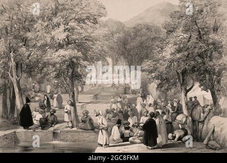 Der Garten von Kaiser Zahir ad-DIN Muhammad Babur, Kabul, Afghanistan, erster Anglo-afghanischer Krieg, Skizze von James Atkinson, 1839, digital optimiert Stockfoto