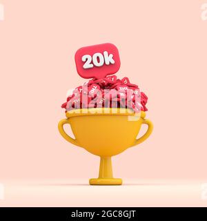 Vielen Dank, dass 20 000 Follower in sozialen Medien die Trophäe feiern. 3D-Rendering Stockfoto