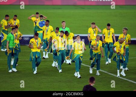 7. August 2021; Internationales Stadion Yokohama, Yokohama, Präfektur Kanagawa, Japan; Olympische Sommerspiele 2020 in Tokio, Fußballfinale, Brasilien, gegen Spanien; Stockfoto