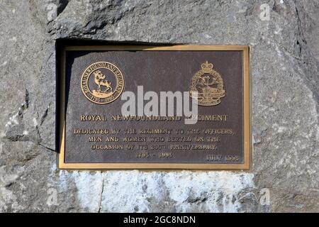 Gedenktafel für das Royal Newfoundland Regiment am Beaumont-Hamel Newfoundland Memorial im Ersten Weltkrieg in Beaumont-Hamel (Somme), Frankreich Stockfoto