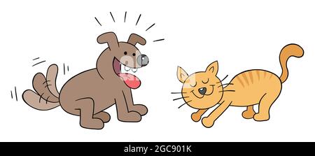 Cartoon glücklich Hund und Katze Freundschaft, Vektor-Illustration. Farbige und schwarze Umrisse. Stock Vektor