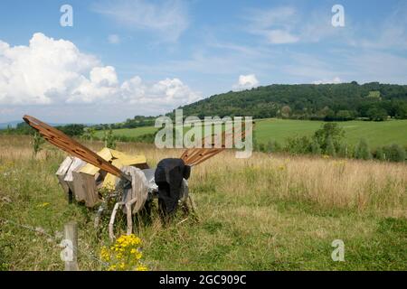 Der Farmshop verkehrt auf der Autobahn M5 in der Nähe von Gloucester UK auf den Feldern neben den Services. Eine Bienenskulptur Stockfoto