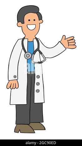 Cartoon Arzt oder Tierarzt stehen und zeigen, Vektor-Illustration. Farbige und schwarze Umrisse. Stock Vektor