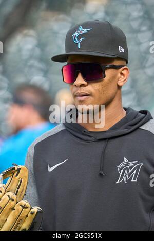 August 6 2021: Florida Center Fielder Magneuris Sierra (34) während des Batting-Trainings vor dem Spiel mit den Colorado Rockies und Miami Marlins im Coors Field in Denver Co. David Seelig/Cal Sport Medi Stockfoto