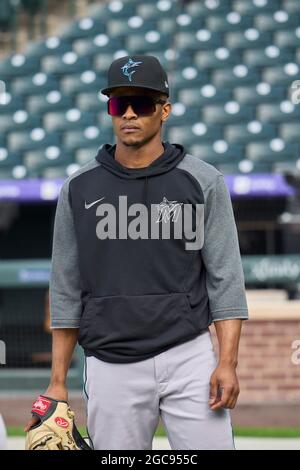 August 6 2021: Florida Center Fielder Magneuris Sierra (34) während des Batting-Trainings vor dem Spiel mit den Colorado Rockies und Miami Marlins im Coors Field in Denver Co. David Seelig/Cal Sport Medi Stockfoto