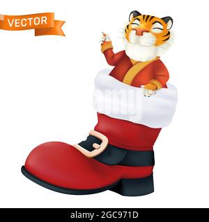 Niedliche Cartoon lächelnde Tiger ragt aus Santa Claus roten Stiefel. Chinesisches Sternzeichen des Jahres. Realistische Vektordarstellung des lustigen Charakters A Stock Vektor