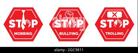 Stoppen Sie Mobbing, Mobbing Trolling Vektor. Rotes Stoppsymbol. Schild Stopp, Abstand halten. Handabbildung mit Stoppsymbol Stock Vektor