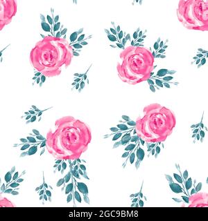 Nahtloses Muster mit Frühlingsblättern und Blumen. Blühende Rosen. Aquarell handgezeichnete Illustration. Stockfoto