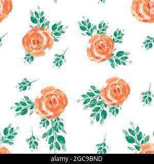 Nahtloses Muster mit Frühlingsblättern und Blumen. Blühende Rosen. Aquarell handgezeichnete Illustration. Stockfoto