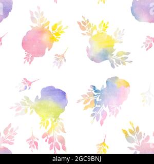 Nahtloses Muster mit Frühlingsblättern und Blumen. Blühende Rosen. Aquarell handgezeichnete Illustration. Stockfoto
