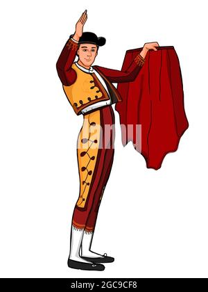 Bullfighter Matador Illustration und Stier Cartoon, Spanien Ring Bereich Stockfoto