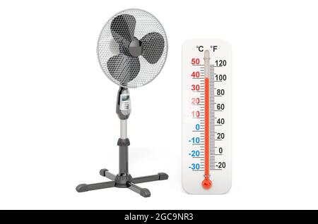 Standventilator mit Thermometer, 3D-Darstellung isoliert auf weißem Hintergrund Stockfoto