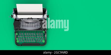 Schreibmaschine Draufsicht auf grünem Hintergrund, 3D-Rendering Stockfoto
