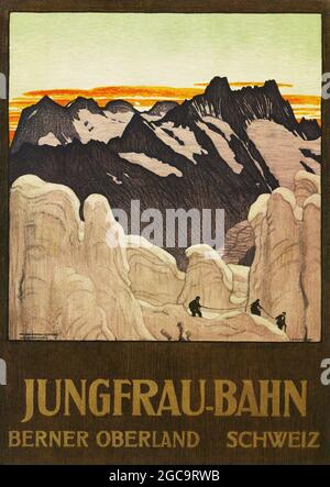 Ein Vintage-Reiseinplakat für die Jungfrau Bahn im Berner Oberland in der Schweiz Stockfoto