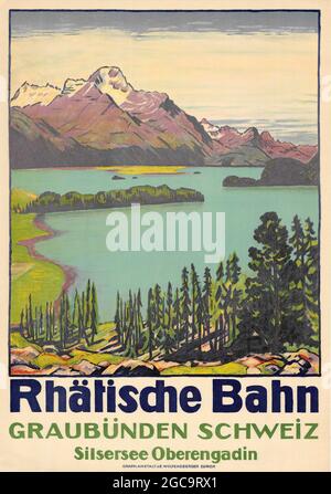 Ein Vintage-Reiseposter für die Rhätische Bahn in Graubünden, Schweiz, zeigt den Silsersee im Oberengadiner Tal Stockfoto