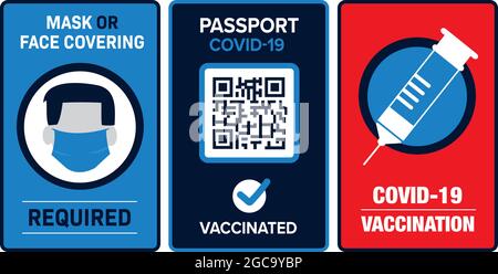 Covid-19-bezogenes Coronavirus-Werbeschild für den Maskenpass und die Impfung Stock Vektor