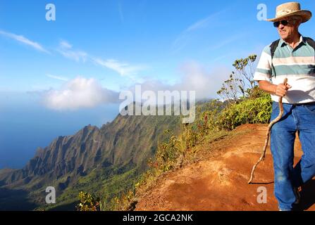 Der Mensch bewundert die Schönheit der Na Pali Küste, während er im Na Pali Kona Forest Preserve auf der Insel Kauai, Hawaii, wandert. Er verwendet einen wandersti Stockfoto