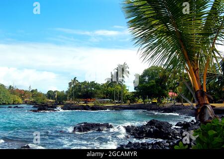 Blick auf die Bucht in der Nähe von Hilo, Hawaii. Kleiner Gedenkpark fliegt Flagge von Japan und den Vereinigten Staaten. Palmwedel Rahmen rechts auf dem Foto. Stockfoto
