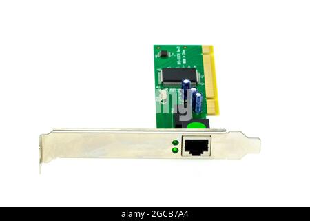 Abbildung der lan-Netzwerkkarte für Computer, isoliert auf weißem Hintergrund. Computerhardware. Stockfoto