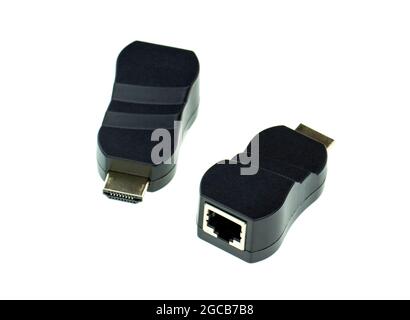 Abbildung des HDMI-Extenders zum Netzwerk-lan-Internet-Adapter-Computer auf weißem Hintergrund isoliert. Computerhardware. Stockfoto