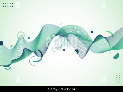 Abstrakte dynamische Wellenlinien, grüne Linien mit geometrischen Elementen auf weißem Hintergrund. Vektorgrafik Stock Vektor