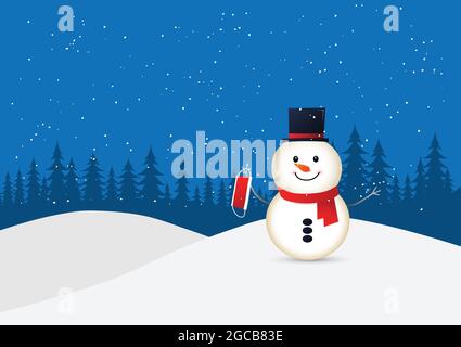 Konzept nach einer Covid-19-Pandemie wieder normal. Glücklicher Schneemann feiert weihnachten ohne Gesichtsmaske zu tragen. Hintergrund der Winterlandschaft. Stock Vektor