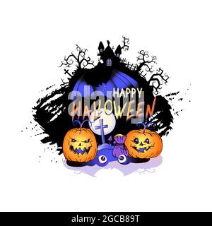 Vektor-Illustration mit lächelnden Kürbissen, Fledermäusen, Vollmond und Schriftzug Happy Halloween auf weißem Hintergrund. Cartoon-Stil. Stock Vektor