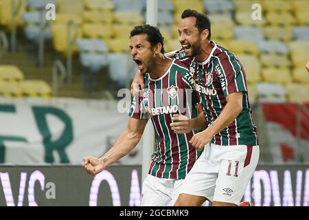 Rio de Janeiro, Brasilien, 3. August 2021. Der Fußballspieler Fred aus der Fluminense-Mannschaft feiert sein Tor während des Spiels Fluminense gegen Cerro Porteño Stockfoto