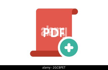 PDF-Format-Dateisymbol mit Plus-/Add-Taste isoliert auf weißem Hintergrund, flaches Design, Vektorgrafik eps 10 Stock Vektor