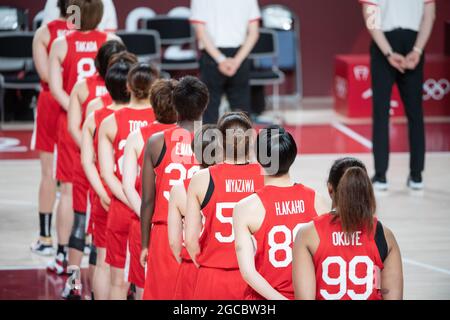 Japan Team (JPN), USA vs Japan - Goldmedaillenspiel Basketball 08. August 2021: Olympische Spiele 2020 in Tokio in der Saitama Super Arena in Tokio, Japan. Kredit: Enrico Calderoni/AFLO SPORT/Alamy Live Nachrichten Stockfoto