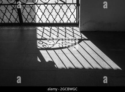 Gitter, Gitter vor hartem Sonnenlicht. Silhouette und Schatten des eisernen Zauns. Texturhintergrund in Schwarz-Weiß-Stil. Stockfoto