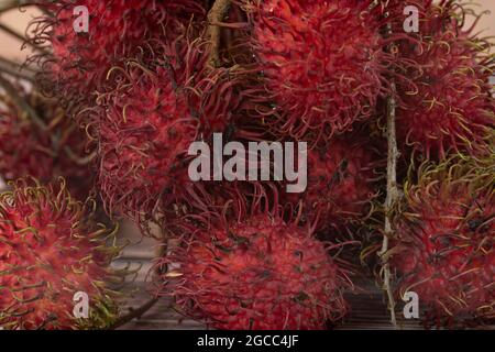 Lokale Früchte genannt Rambutan, rote Variante, die am häufigsten ist. Rambutan ist eine tropische Frucht aus der Familie der Speckbeeren. Selektiver Fokus. Verschwommener Rückstand Stockfoto