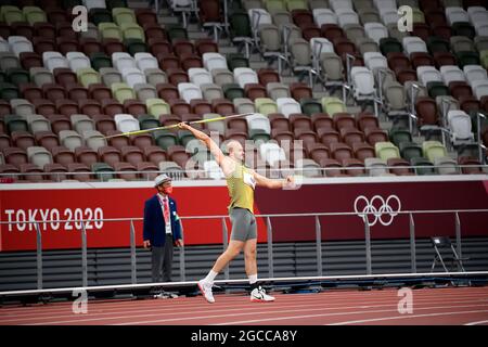 Tokio, Japan. August 2021. Florian WEBER (Deutschland/4. Platz), Action. Leichtathletik, Javelin-Finale der Herren, Javelin-Wurf-Finale der Herren, bei den Olympischen Sommerspielen 07.08.2021 2020 ab 23.07. - 08.08.2021 in Tokio/Japan. Kredit: dpa/Alamy Live Nachrichten Stockfoto