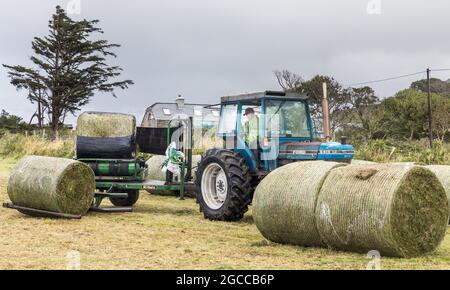 Goat's Path, Bantry, Cork, Irland. August 2021. John O'Sullivan wickelt Silageballen auf der Farm seines Nachbarn Tim Joe O'Mahony on the Goat's Path, Bantry, Co. Cork, Irland. - Bild; David Creedon / / Alamy Live News Stockfoto