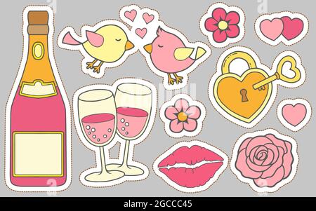 Set von lustigen Doodle Sticker. Liebesgeschichte für Hochzeiten oder Valentinstag Stock Vektor