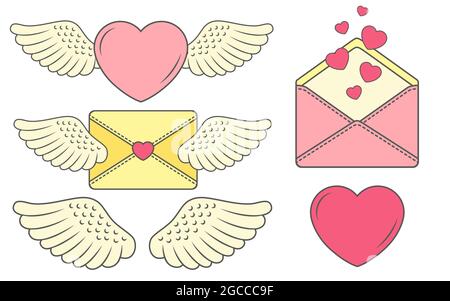 Set von lustigen Stickern mit Herz und Flügeln. Liebesgeschichte für Hochzeiten oder Valentinstag Stock Vektor
