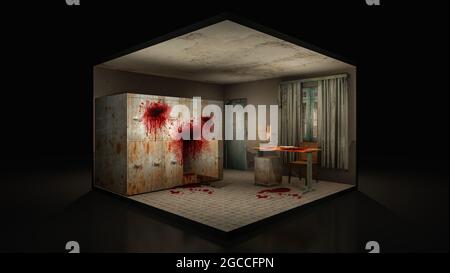 Horror und gruselige Leichenhalle im Krankenhaus mit Blut. 3d-Illustration. Stockfoto