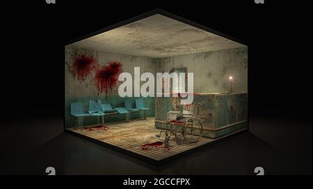 Horror und gruseliger Sitz warten vor dem Untersuchungsraum im Krankenhaus mit Blut. 3d-Illustration. Stockfoto